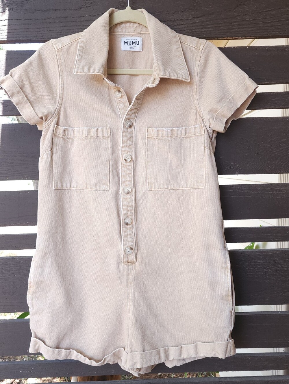 Show Me Your MuMu Denim Romper Utility Beige Size XS Button Down